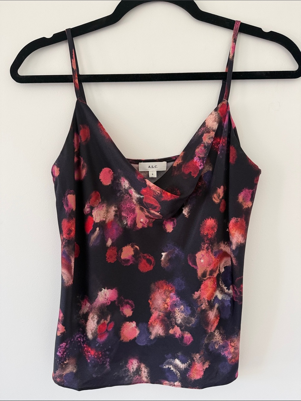 A.L.C. Black Floral-Print Cowl Neck Silk Camisole